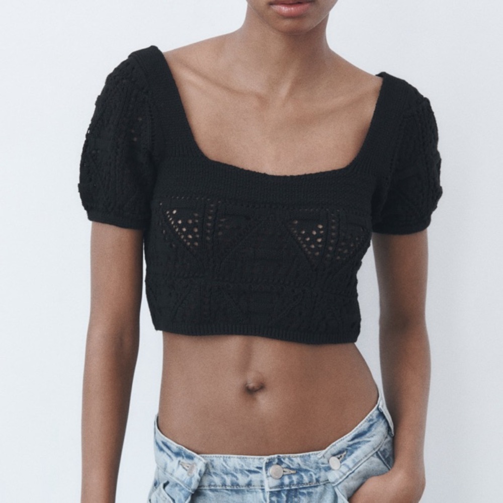 Zara Black Knit Crochet Short Sleeve Square Neck Crop Top